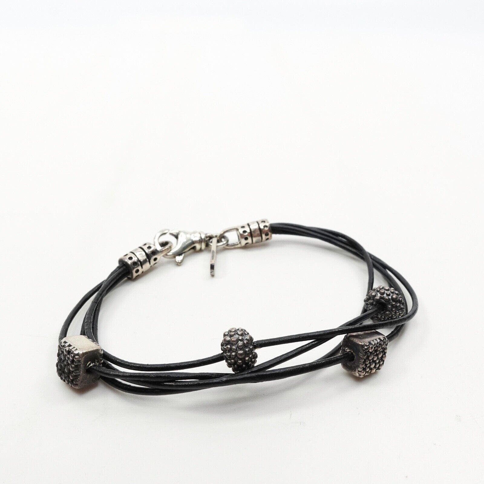King Baby Studio Black Multi Stranded Leather Bracelet With Beads Silver .925 Sm